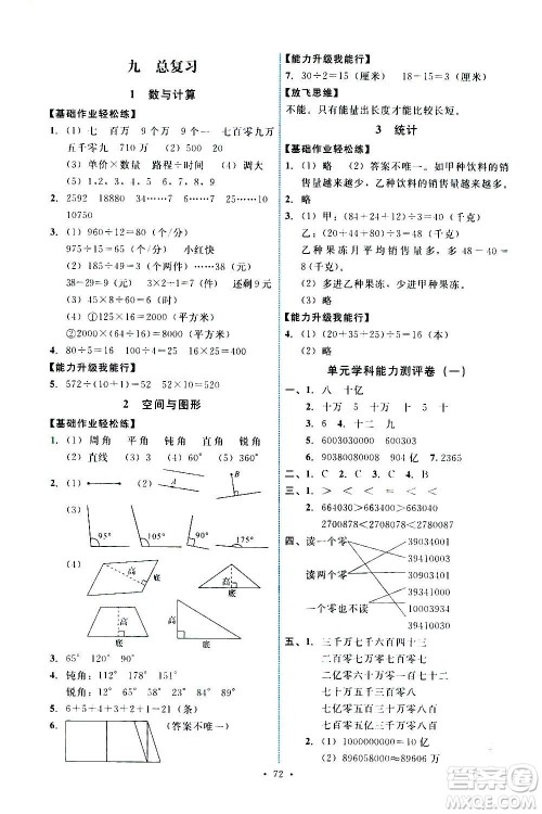 人民教育出版社2020年能力培养与测试数学四年级上册人教版湖南专版答案