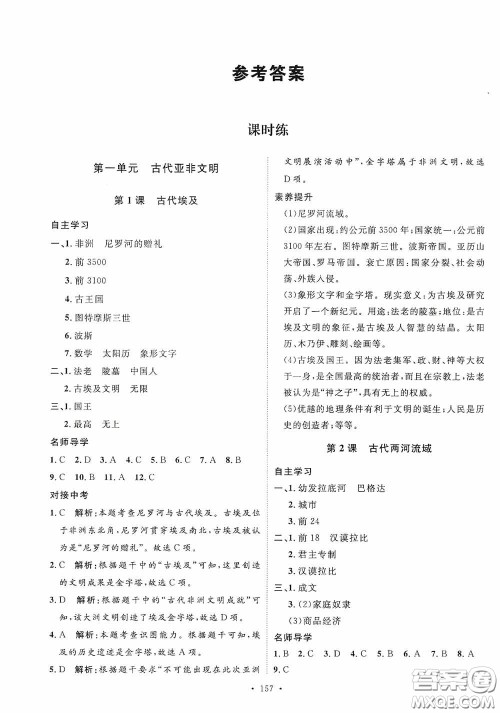 陕西人民出版社2020实验教材新学案九年级历史上册人教版答案