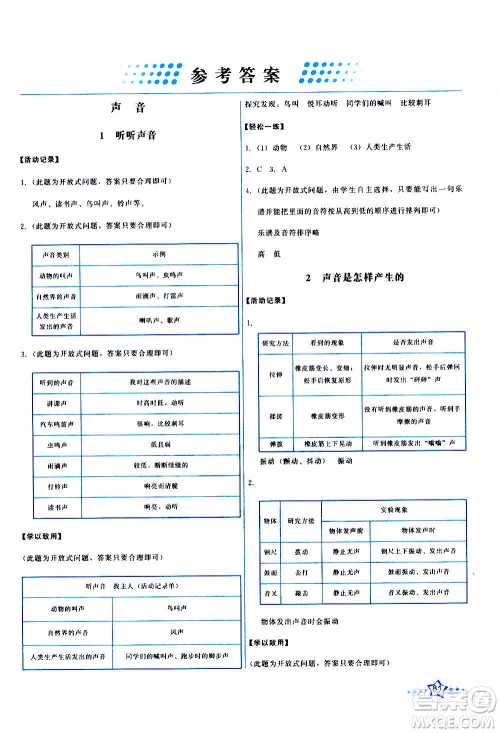 教育科学出版社2020年能力培养与测试科学四年级上册教科版答案 教育科学出版社2020年能力培养与测试科学四年级上册教科版答案