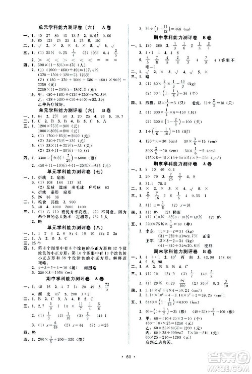人民教育出版社2020年能力培养与测试数学六年级上册人教版湖南专版答案