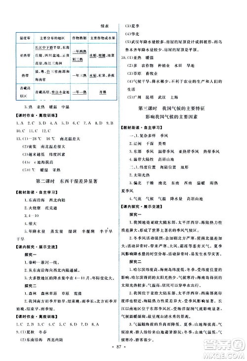 人民教育出版社2020年能力培养与测试地理八年级上册人教版答案