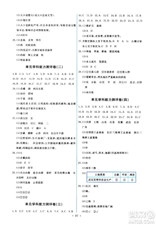 人民教育出版社2020年能力培养与测试地理八年级上册人教版答案