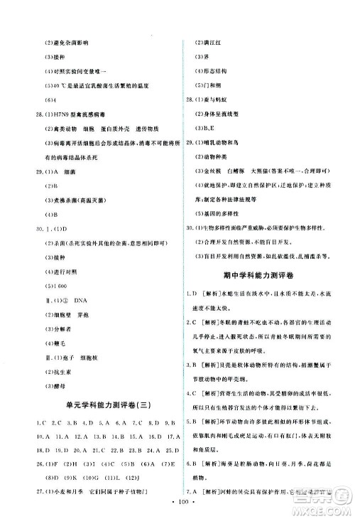 人民教育出版社2020年能力培养与测试生物学八年级上册人教版答案