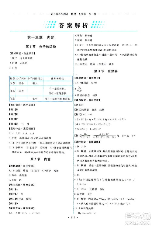 人民教育出版社2020年能力培养与测试物理九年级全一册人教版答案