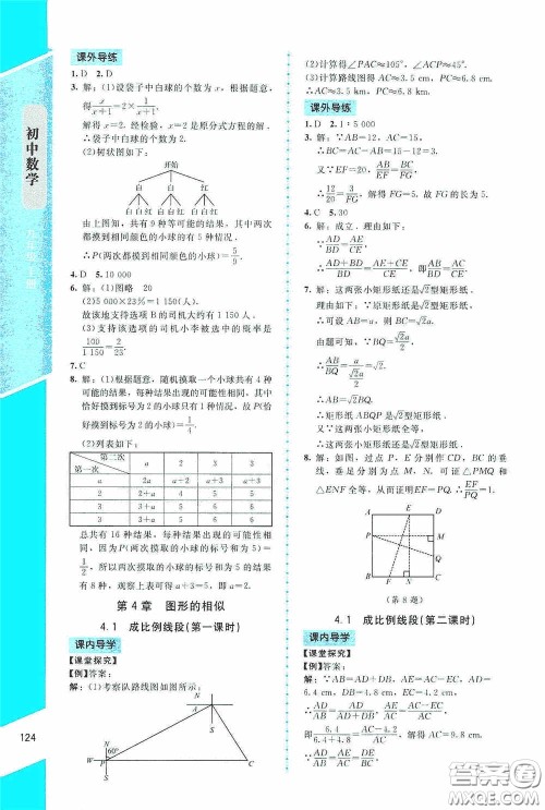 2020课内课外直通车九年级数学上册北师大版答案