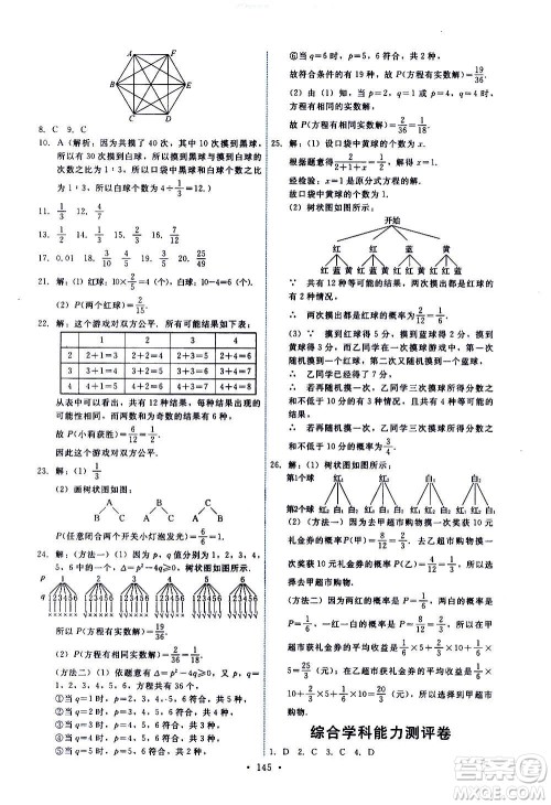 人民教育出版社2020年能力培养与测试数学九年级上册人教版答案