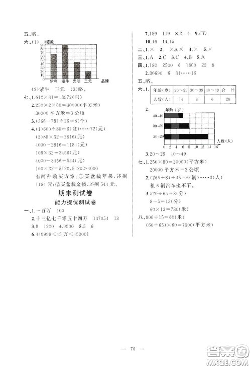 山东文艺出版社2020小学单元测试卷四年级数学上册人教版答案