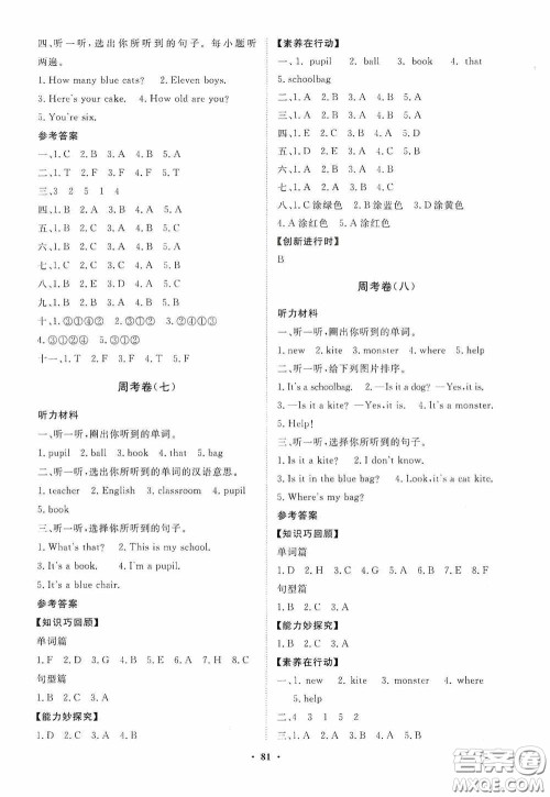 山东教育出版社2020小学同步练习册分层卷三年级英语上册外研版答案