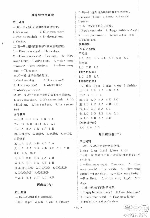 山东教育出版社2020小学同步练习册分层卷三年级英语上册外研版答案