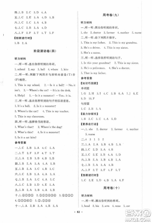 山东教育出版社2020小学同步练习册分层卷三年级英语上册外研版答案