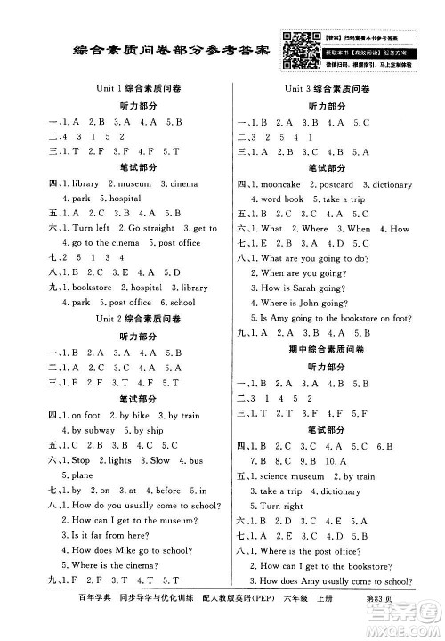 2020年百年学典同步导学与优化训练英语六年级上册人教版答案