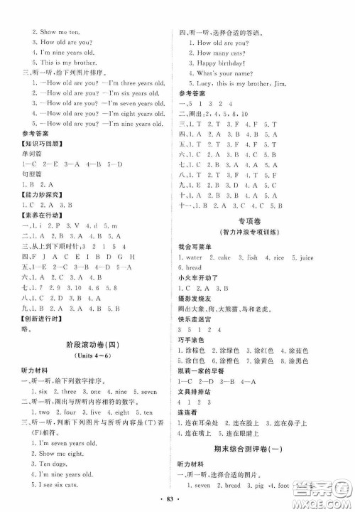 山东教育出版社2020小学同步练习册分层卷三年级英语上册人教版答案