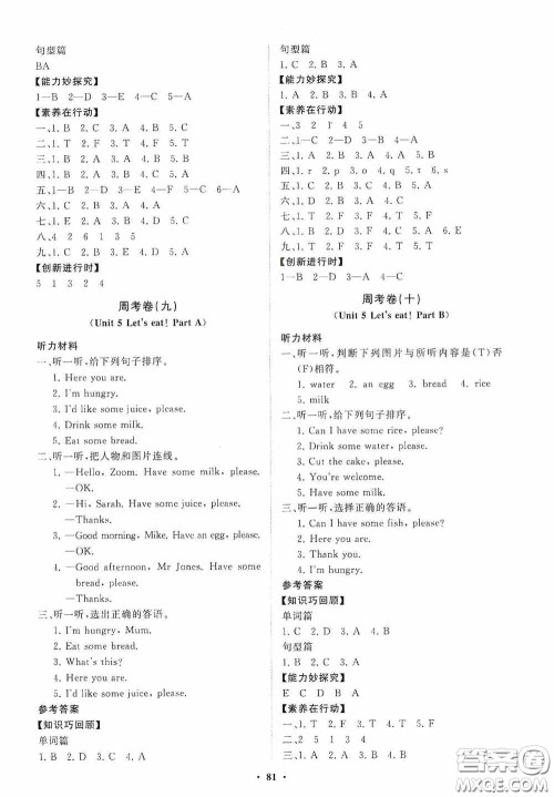 山东教育出版社2020小学同步练习册分层卷三年级英语上册人教版答案