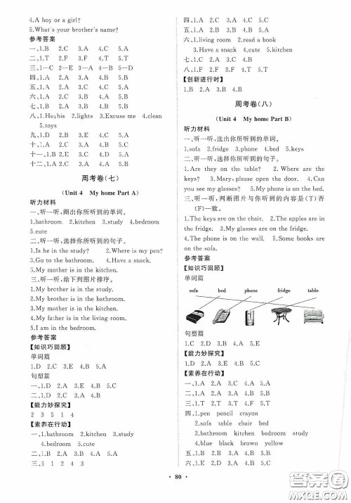 山东教育出版社2020小学同步练习册分层卷四年级英语上册人教版答案