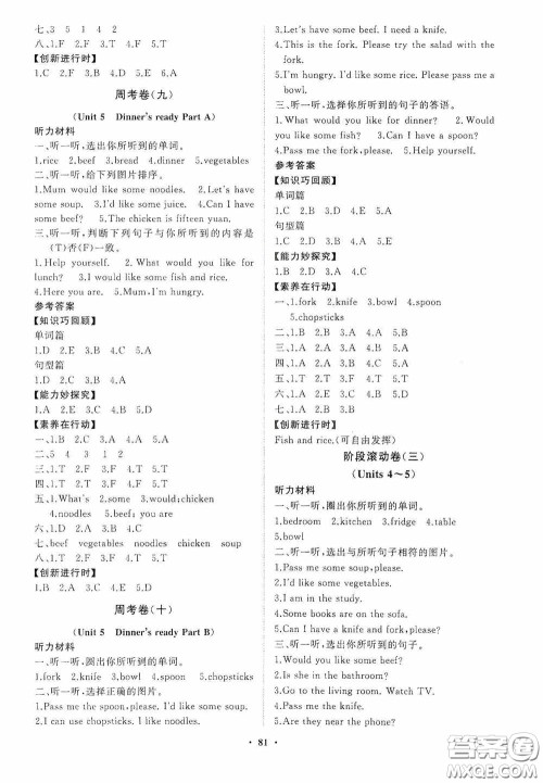 山东教育出版社2020小学同步练习册分层卷四年级英语上册人教版答案