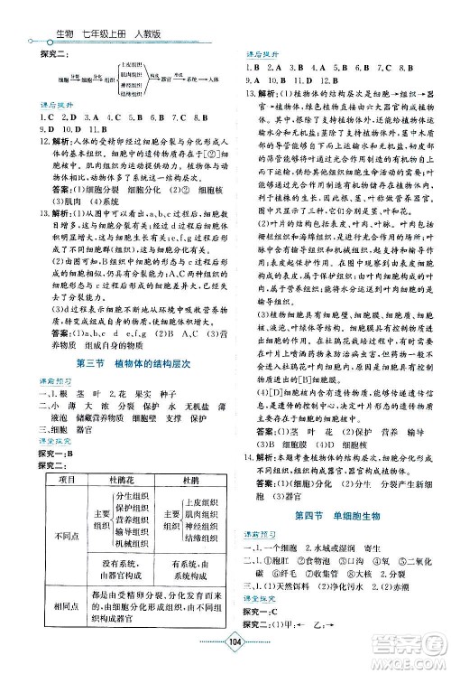湖南教育出版社2020年学法大视野生物七年级上册人教版答案