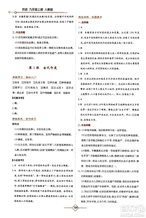 湖南教育出版社2020年学法大视野历史九年级上册人教版答案