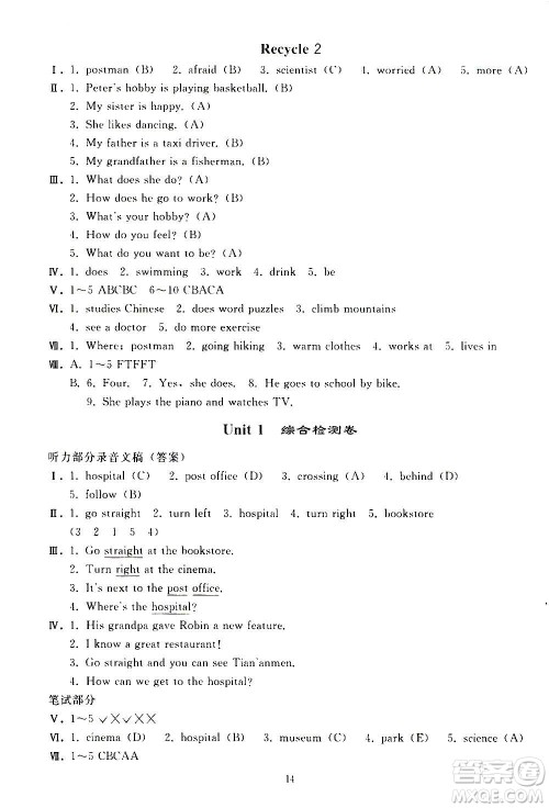 人民教育出版社2020秋同步轻松练习英语六年级上册人教版答案