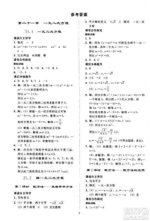 人民教育出版社2020秋同步轻松练习数学九年级上册人教版答案