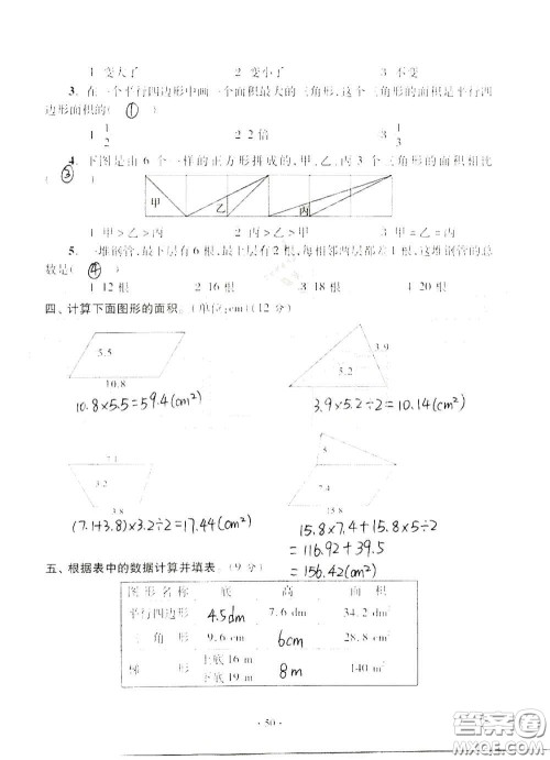 青岛出版社2020单元自测试卷五年级数学上册人教版答案