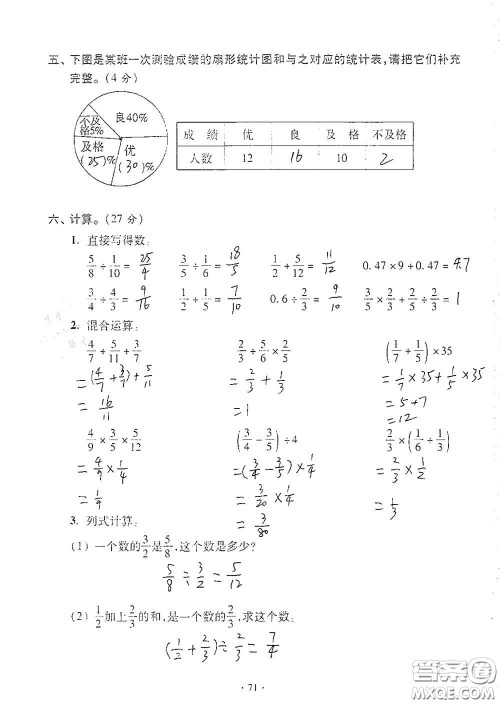 青岛出版社2020单元自测试卷六年级数学上册人教版答案 青岛出版社2020单元自测试卷六年级数学上册人教版答案