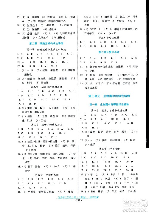 2020年云南省标准教辅优佳学案生物学七年级上册人教版答案