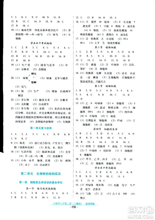 2020年云南省标准教辅优佳学案生物学七年级上册人教版答案