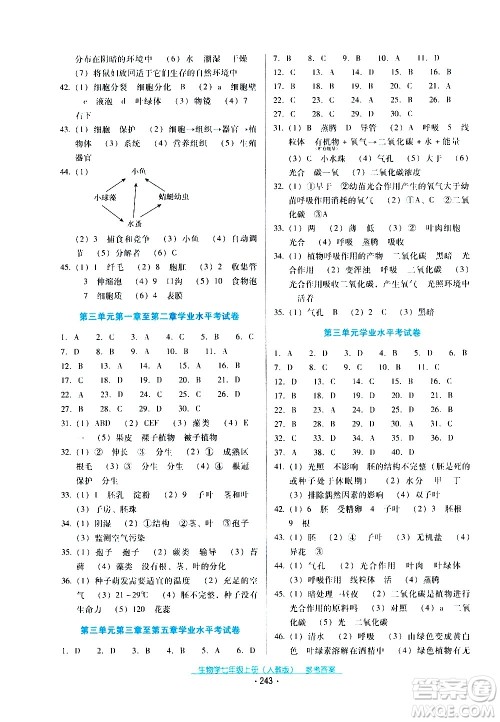 2020年云南省标准教辅优佳学案生物学七年级上册人教版答案