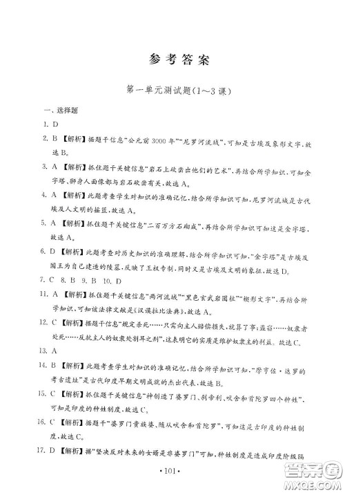 山东教育出版社2020金钥匙历史试卷世界历史第一册人教版54学制答案