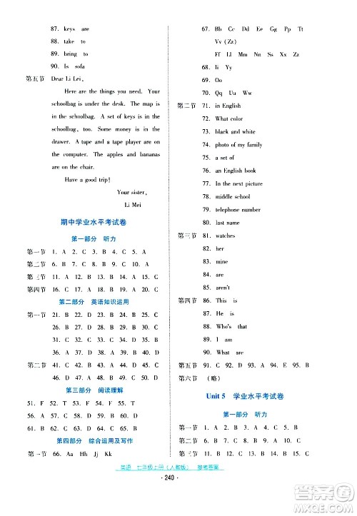 2020年云南省标准教辅优佳学案英语七年级上册人教版答案