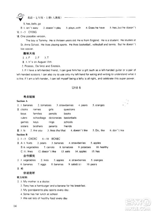 2020秋新课程问题解决导学方案七年级英语上册人教版参考答案