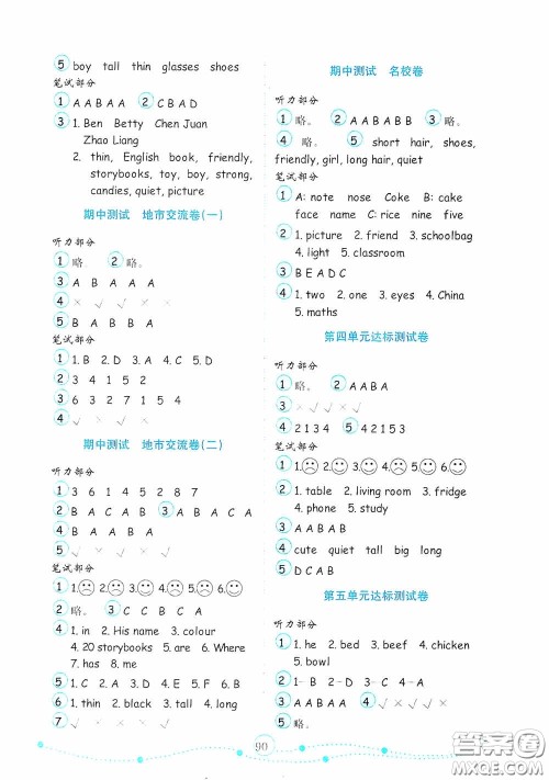 山东教育出版社2020小学英语试卷金钥匙四年级上册人教PEP版答案