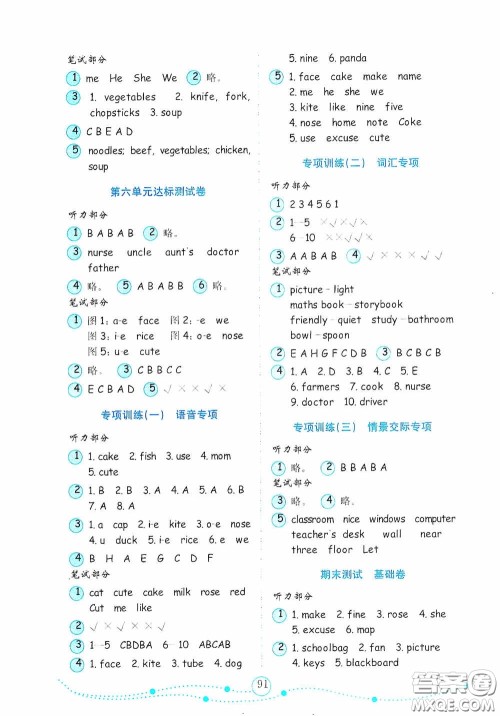 山东教育出版社2020小学英语试卷金钥匙四年级上册人教PEP版答案