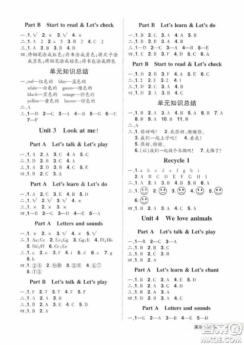 江西美术出版社2020学海乐园三年级英语上册人教版答案