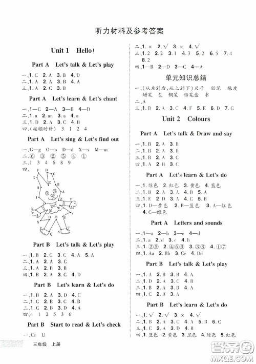 江西美术出版社2020学海乐园三年级英语上册人教版答案