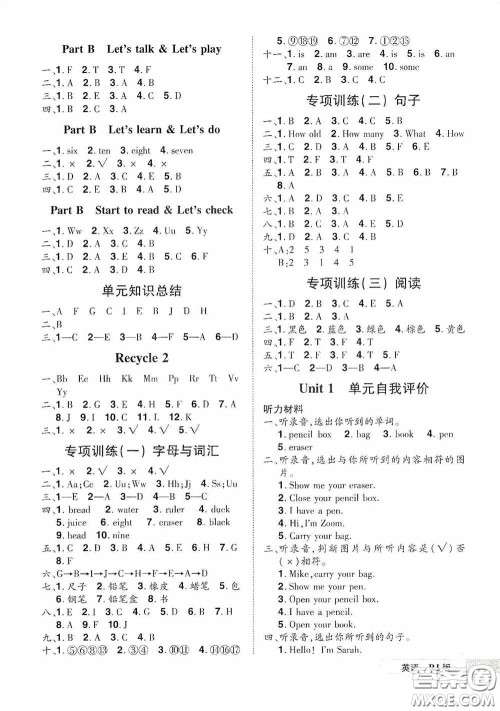 江西美术出版社2020学海乐园三年级英语上册人教版答案