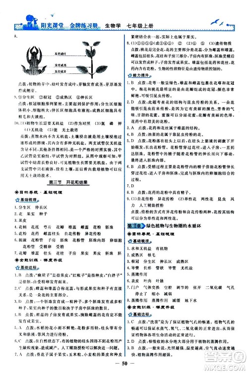 人民教育出版社2020年阳光课堂金牌练习册生物学七年级上册人教版答案