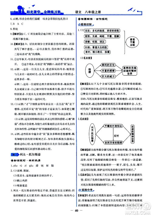 人民教育出版社2020年阳光课堂金牌练习册语文八年级上册人教版答案