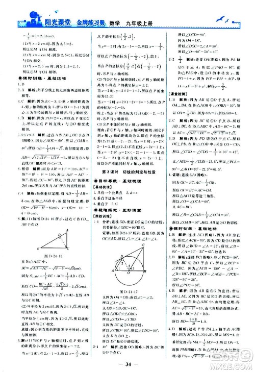 人民教育出版社2020年阳光课堂金牌练习册数学九年级上册人教版答案