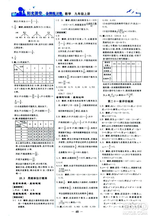 人民教育出版社2020年阳光课堂金牌练习册数学九年级上册人教版答案