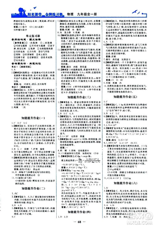 人民教育出版社2020年阳光课堂金牌练习册物理九年级全一册册人教版答案