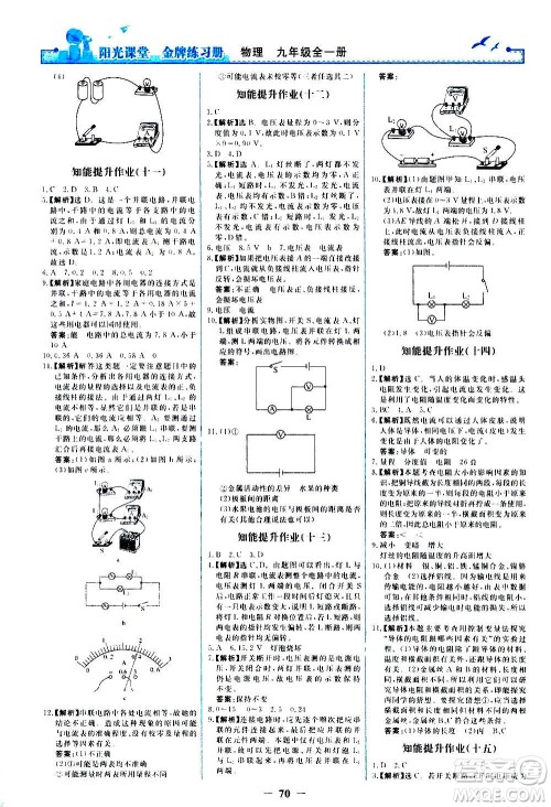 人民教育出版社2020年阳光课堂金牌练习册物理九年级全一册册人教版答案