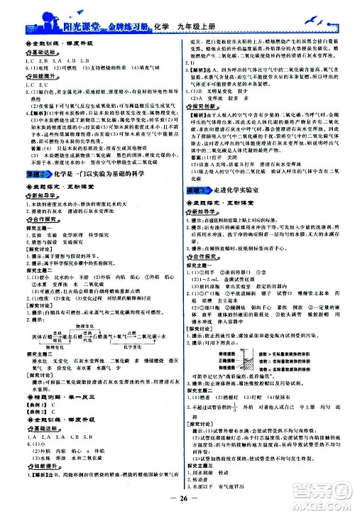 人民教育出版社2020年阳光课堂金牌练习册化学九年级上册人教版答案