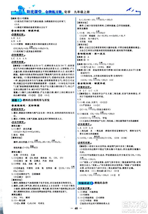 人民教育出版社2020年阳光课堂金牌练习册化学九年级上册人教版答案