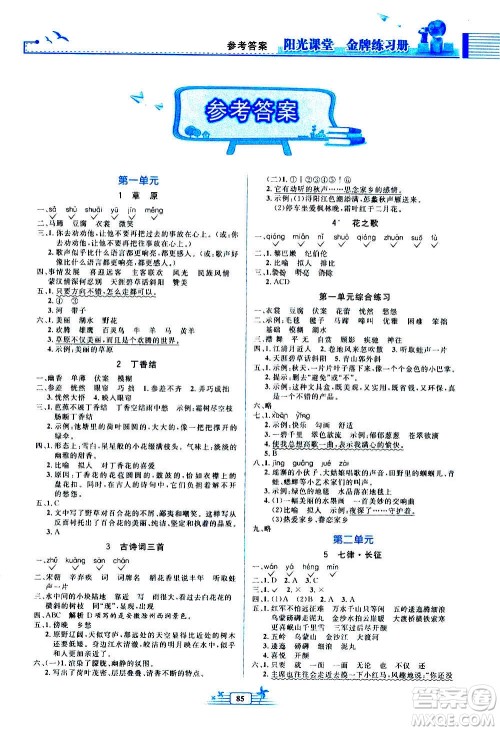 人民教育出版社2020年阳光课堂金牌练习册语文六年级上册人教版答案