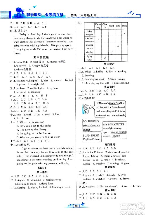 人民教育出版社2020年阳光课堂金牌练习册英语六年级上册人教版答案