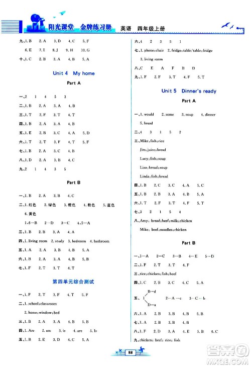 人民教育出版社2020年阳光课堂金牌练习册英语四年级上册人教版答案