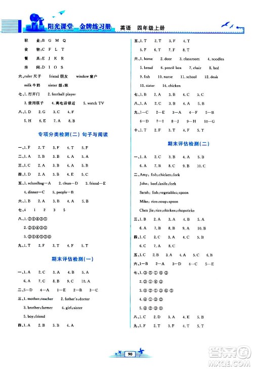 人民教育出版社2020年阳光课堂金牌练习册英语四年级上册人教版答案