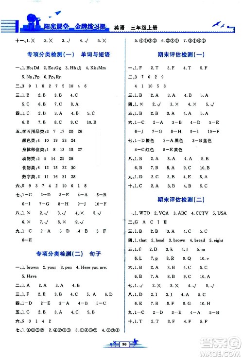 人民教育出版社2020年阳光课堂金牌练习册英语三年级上册人教版答案