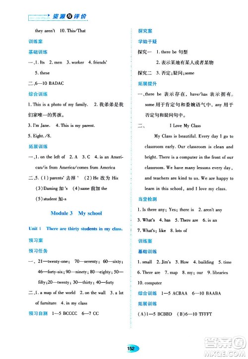 黑龙江教育出版社2020年资源与评价英语七年级上册外研版参考答案